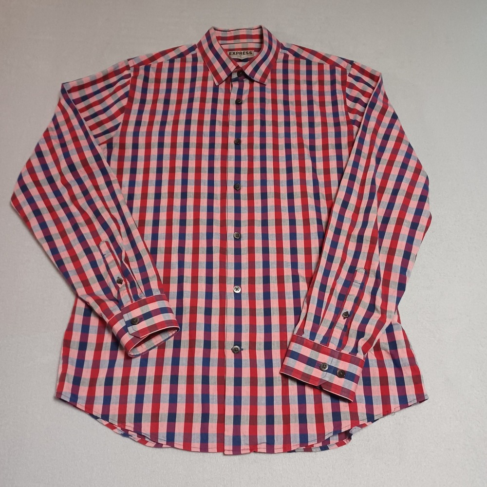 Express Mens Fitted Gingham Button Down Shirt Red Navy Blue Plaid Medium 15-15.5